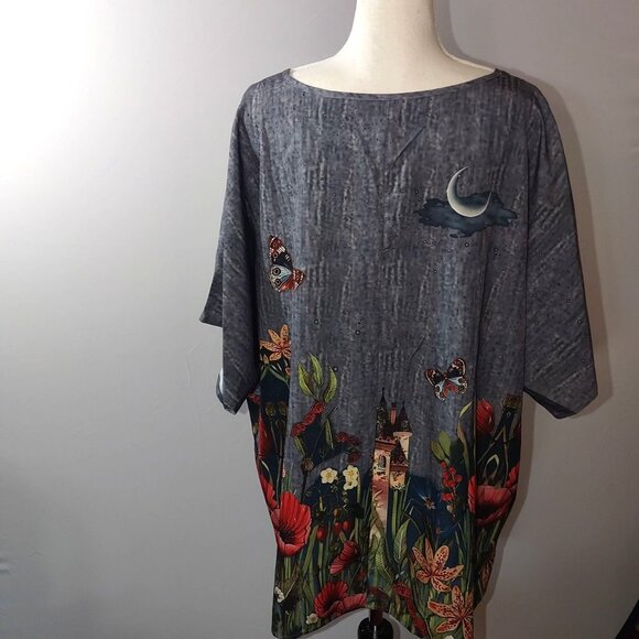 Plus Size 3XL Butterfly & Poppy Print Tunic Dress With Moon & Castle Design - Picture 1 of 6